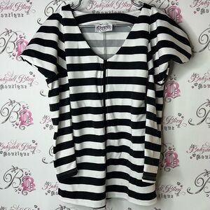 Charades top puffy shoulders Black and White Striped zip up Top costume style